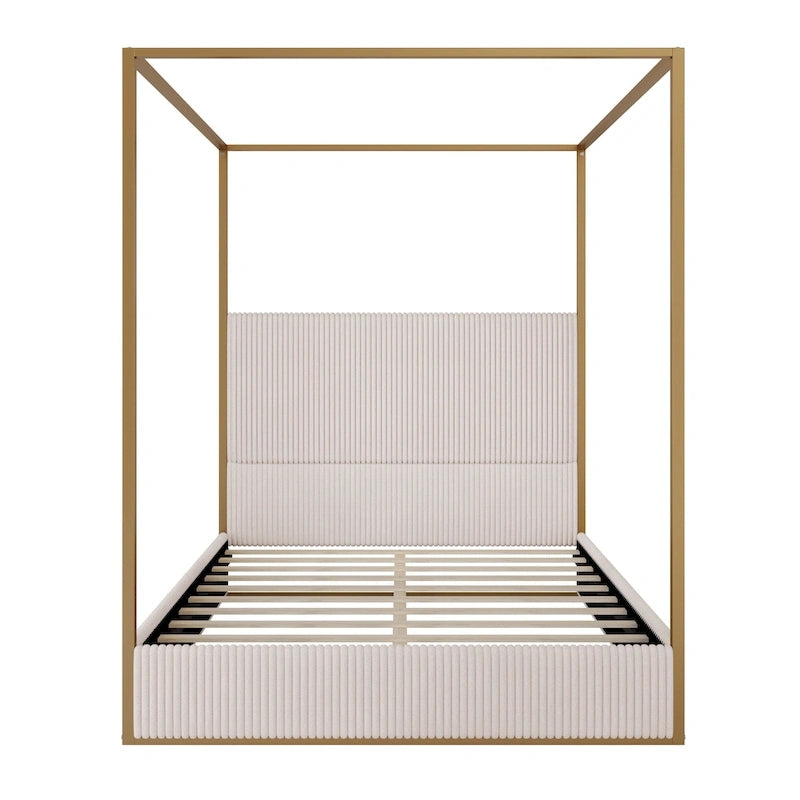 Modern Luxury Metal Canopy Bed with Tall Upholstered Headboard & Four Poster