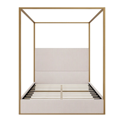 Modern Luxury Metal Canopy Bed with Tall Upholstered Headboard & Four Poster