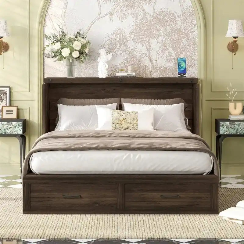 Farmhouse Murphy Bed Wall Bed with a Large Drawer, Full/Queen Size Foldable Murphy Cabinet Bed with Charging Station