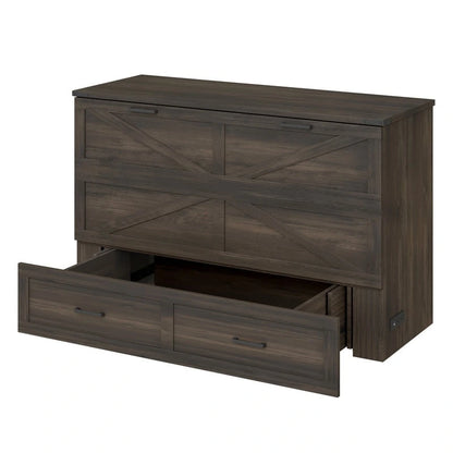 Farmhouse Murphy Bed Wall Bed with a Large Drawer, Full/Queen Size Foldable Murphy Cabinet Bed with Charging Station