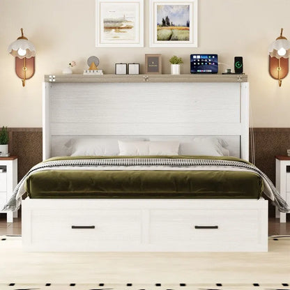 Farmhouse Murphy Bed Wall Bed with a Large Drawer, Full/Queen Size Foldable Murphy Cabinet Bed with Charging Station