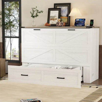 Farmhouse Murphy Bed Wall Bed with a Large Drawer, Full/Queen Size Foldable Murphy Cabinet Bed with Charging Station