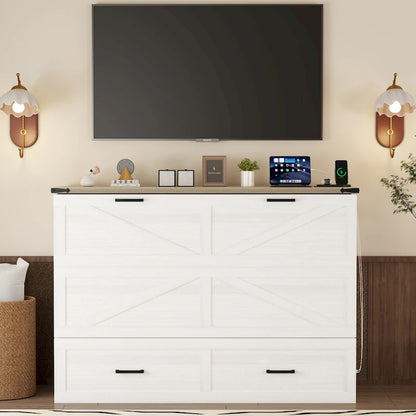 Farmhouse Murphy Bed Wall Bed with a Large Drawer, Full/Queen Size Foldable Murphy Cabinet Bed with Charging Station