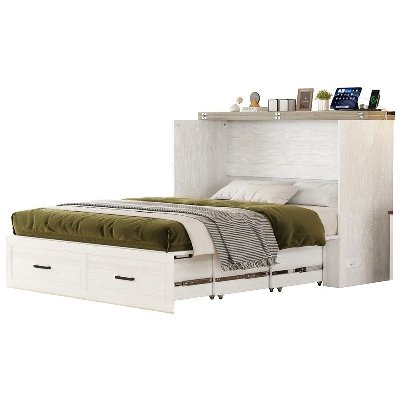 Farmhouse Murphy Bed Wall Bed with a Large Drawer, Full/Queen Size Foldable Murphy Cabinet Bed with Charging Station