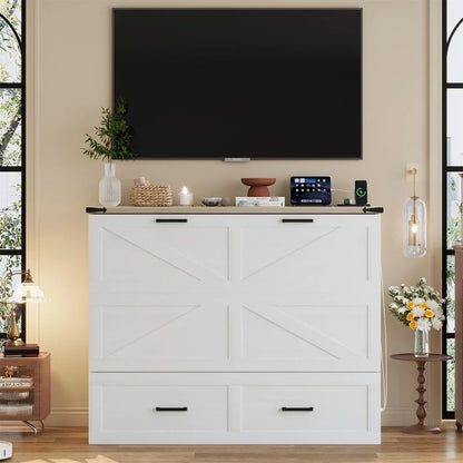 Farmhouse Murphy Bed Wall Bed with a Large Drawer, Full/Queen Size Foldable Murphy Cabinet Bed with Charging Station