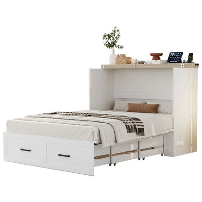 Farmhouse Murphy Bed Wall Bed with a Large Drawer, Full/Queen Size Foldable Murphy Cabinet Bed with Charging Station
