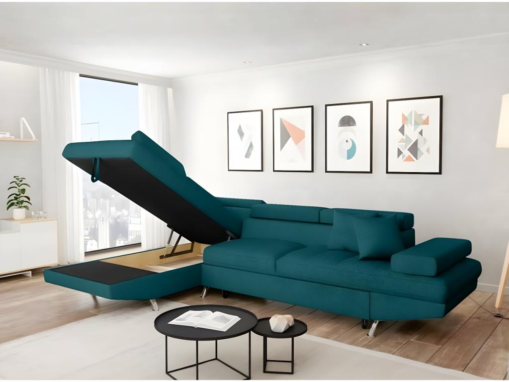 Homzora 5-Seater Left-Hand Corner Sofa Bed with Storage in Fabric - Blue - W271 x D192 x H70cm - Homzora