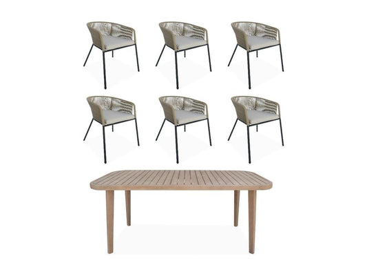 Garden table in eucalyptus wood - indoor/outdoor; 6 armchairs in beige rope and metal