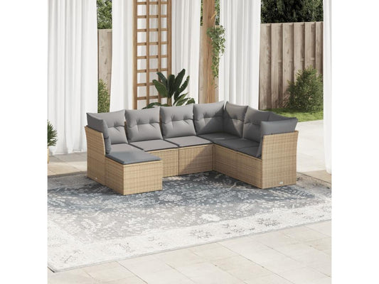 7-piece garden furniture set with cushions, beige woven resin