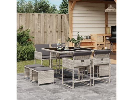 9-piece garden dining set and cushions in light grey rattan