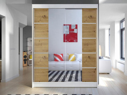 Homzora 146 Oak Wardrobe - White 200x150x58cm Sliding Wardrobe Doors
