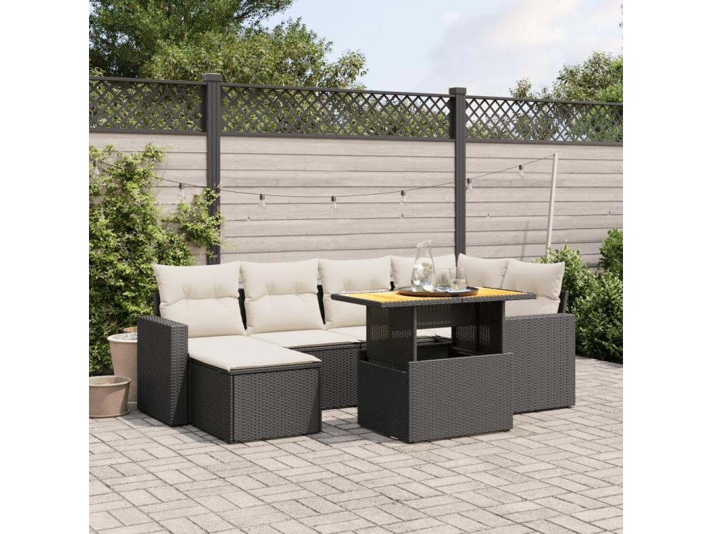 7-piece garden furniture set with cushions, black woven resin