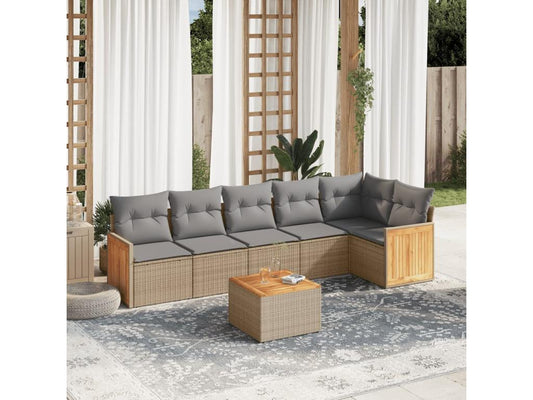 7-piece garden furniture set with cushions, beige woven resin