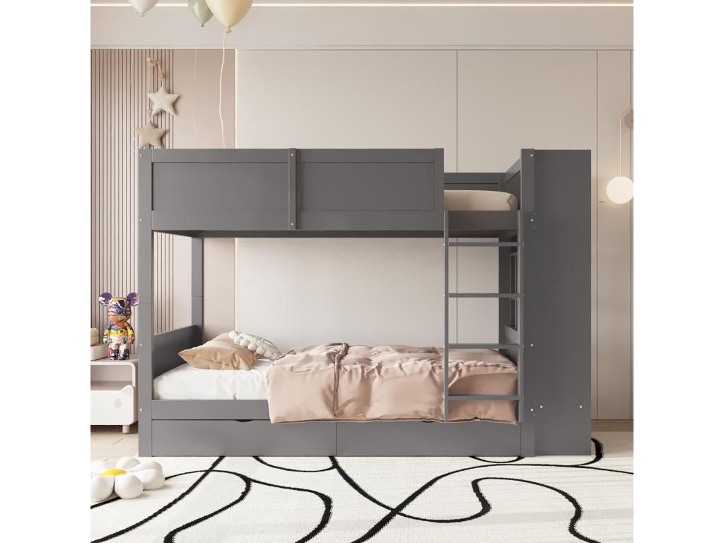 Homzora grey bunk bed 90x200 cm children's bed with storage unit, two drawers, and slatted base