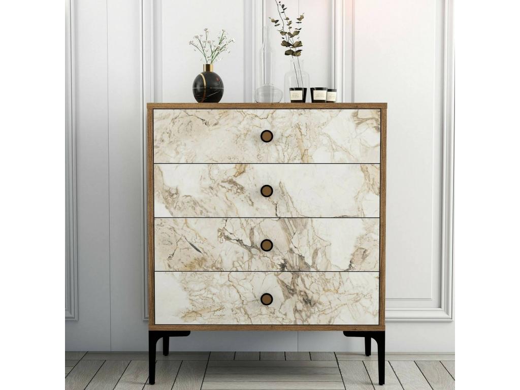 Doucezen Chest of Drawers, Multipurpose Chest of Drawers, Bedroom Chest of Drawers, Furniture with Drawers, 76x40x91 cm, Walnut and White Marble
