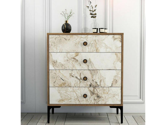 Doucezen Chest of Drawers, Multipurpose Chest of Drawers, Bedroom Chest of Drawers, Furniture with Drawers, 76x40x91 cm, Walnut and White Marble