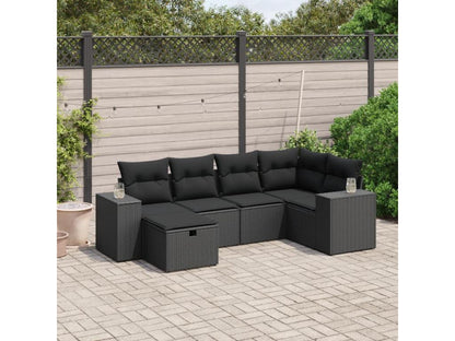 6-piece garden furniture set with cushions, black woven resin