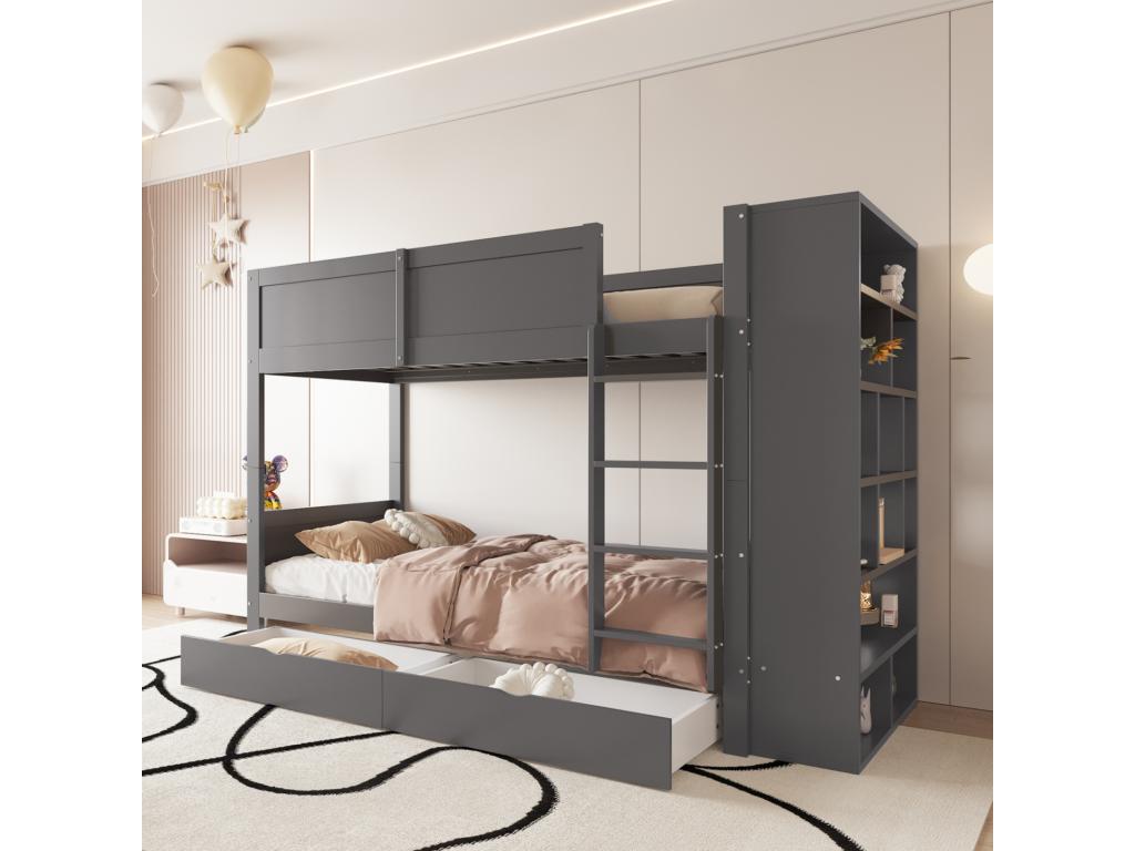 Homzora grey bunk bed 90x200 cm children's bed with storage unit, two drawers, and slatted base