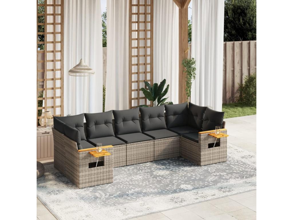 7-piece garden furniture set with cushions, grey woven resin