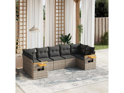 7-piece garden furniture set with cushions, grey woven resin