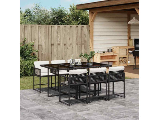 7-piece garden dining set with cushions, black woven resin
