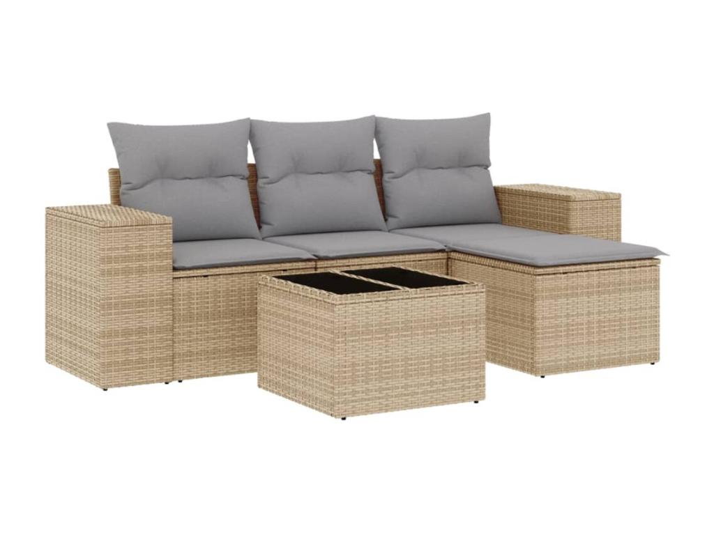 5-piece garden furniture set with cushions, beige woven resin