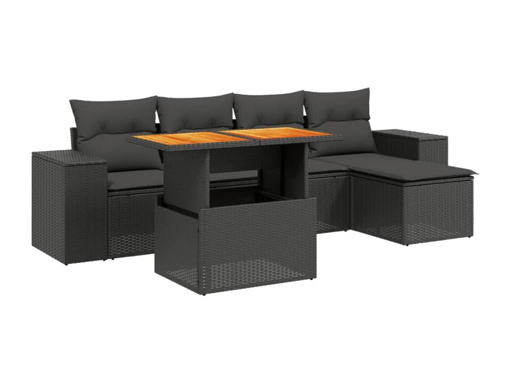 6-piece garden furniture set with cushions, black woven resin