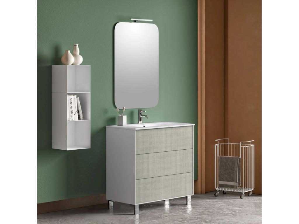 Homzora 80cm White and Beige Lacquered 3-Drawer Bathroom Vanity Unit and Lighted Mirror