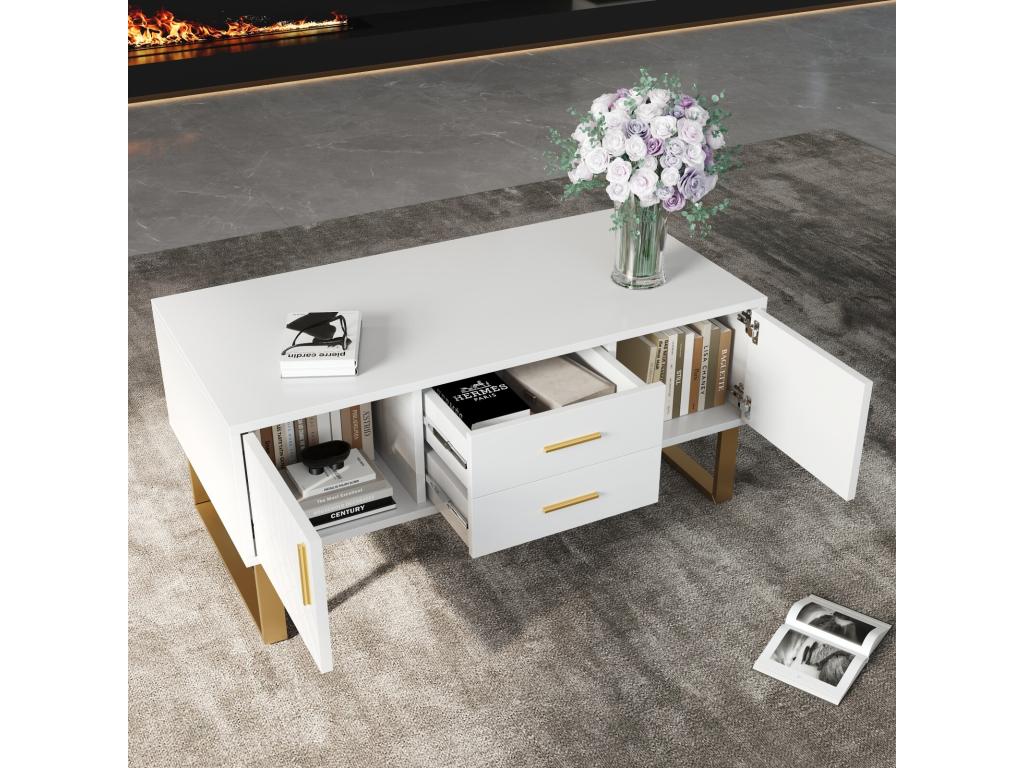 Glossy coffee table with 2 doors and 2 drawers, particleboard, 100x50x45cm, White
