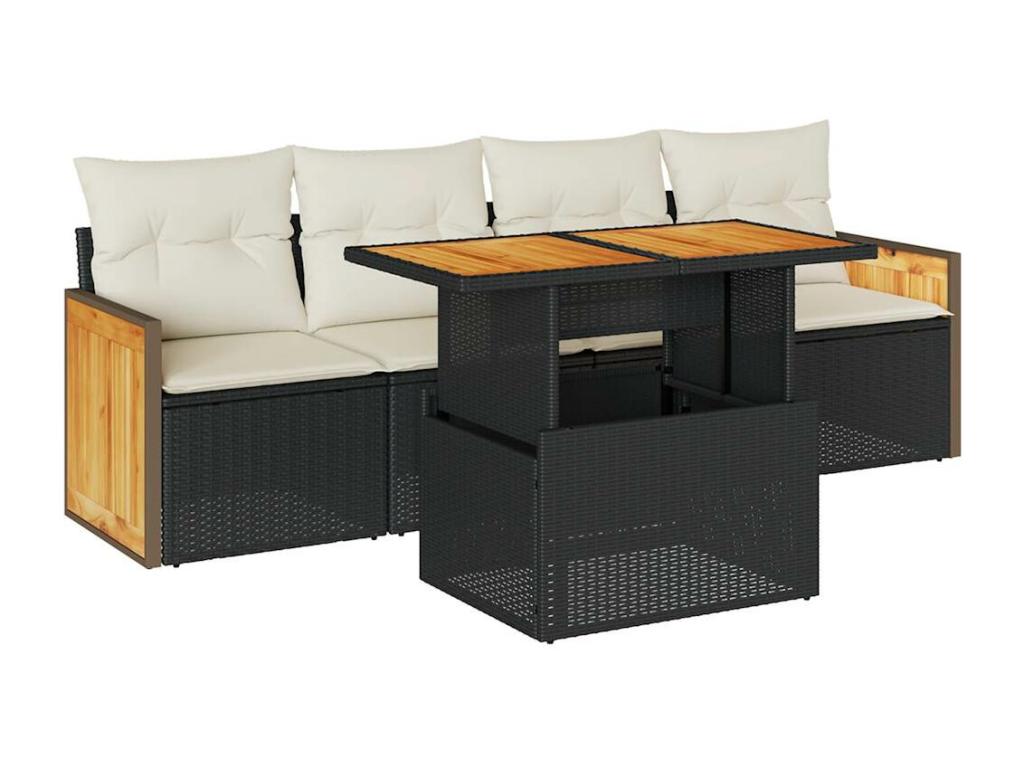 Homzora 5-piece garden furniture set with cushions, black woven resin