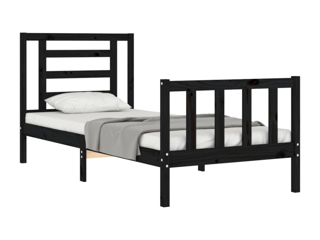 Small, simple, solid wood bed frame with black headboard