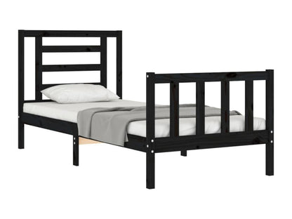 Small, simple, solid wood bed frame with black headboard