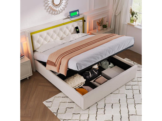 Storage bed, double bed with LED lighting, storage and headboard, USB type C, storage bed, teen bed, 160x200 cm