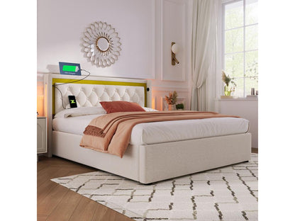 Storage bed, double bed with LED lighting, storage and headboard, USB type C, storage bed, teen bed, 160x200 cm