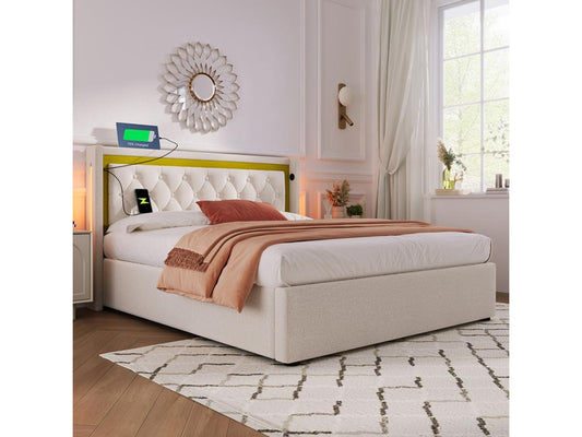 Storage bed, double bed with LED lighting, storage and headboard, USB type C, storage bed, teen bed, 160x200 cm