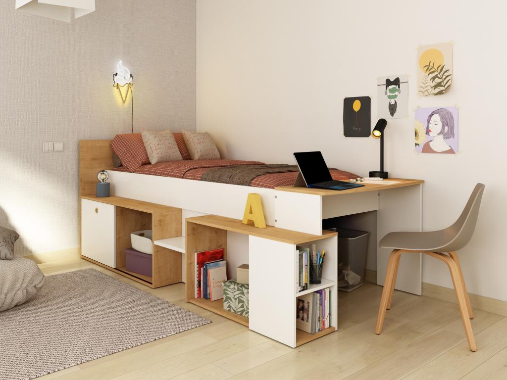 90x200 cm combination bed with desk and storage - White and natural - Homzora