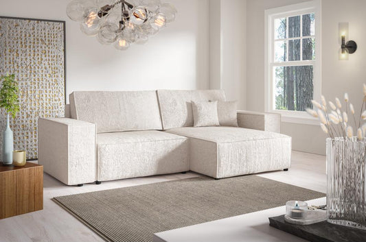 Homzora Mini Corner Sofa Bed in Corduroy Velvet - Storage Chest - 260 cm Length Beige