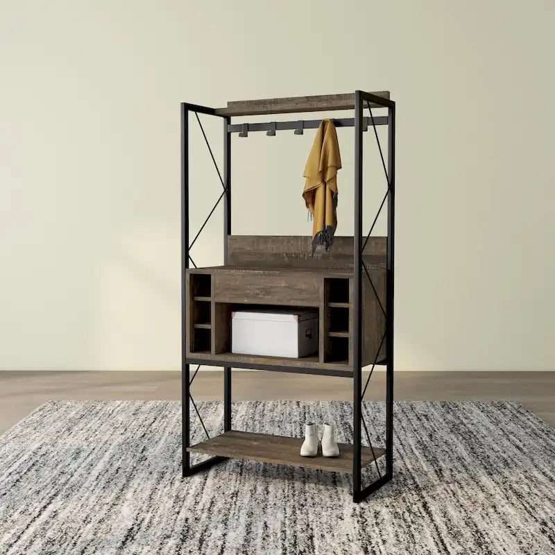 DH BASIC Industrial Reclaimed Oak 67-inch Metal 6-Wine Slots Baker's Rack by Denhour