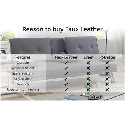 Futon Sofa Bed Couch with Armrest & Cupholders, Faux Leather Sofa Bed Couch Convertible Folding Reclining Small Couch