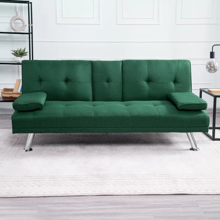 Futon Sofa Bed Couch with Armrest & Cupholders, Faux Leather Sofa Bed Couch Convertible Folding Reclining Small Couch