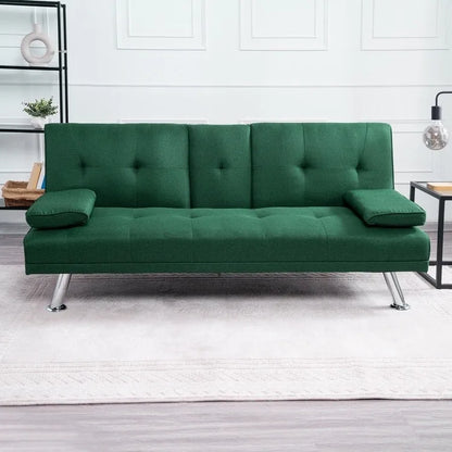 Futon Sofa Bed Couch with Armrest & Cupholders, Faux Leather Sofa Bed Couch Convertible Folding Reclining Small Couch