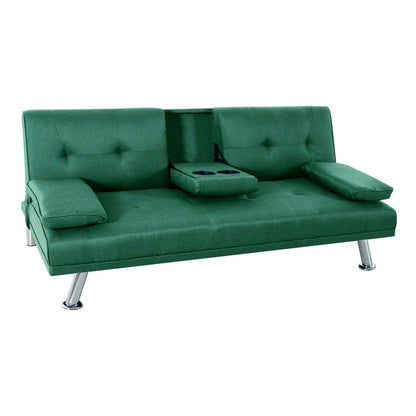 Futon Sofa Bed Couch with Armrest & Cupholders, Faux Leather Sofa Bed Couch Convertible Folding Reclining Small Couch