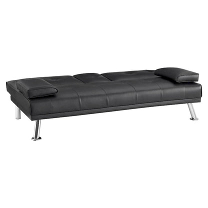 Futon Sofa Bed Couch with Armrest & Cupholders, Faux Leather Sofa Bed Couch Convertible Folding Reclining Small Couch