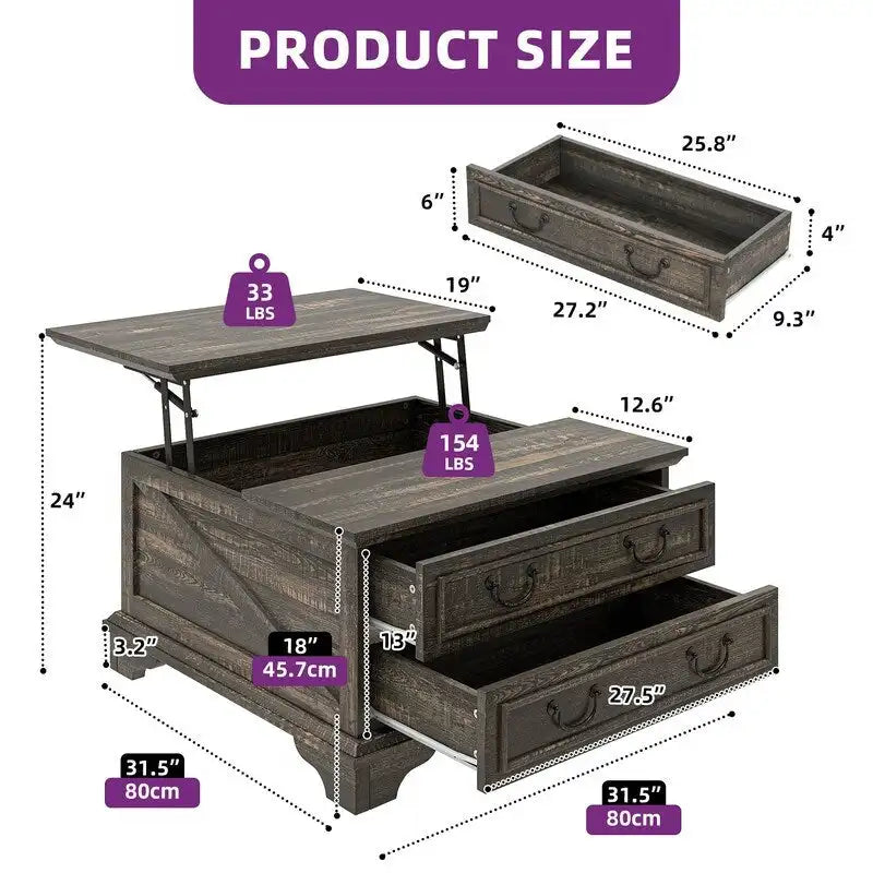 Moasis Farmhouse Lift Top Square Coffee Table with Storage