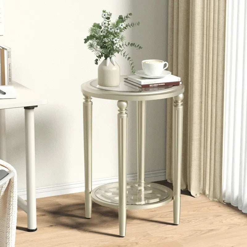 COSIEST Champagne Round Solid Wood Tempered Glass Coffee Table