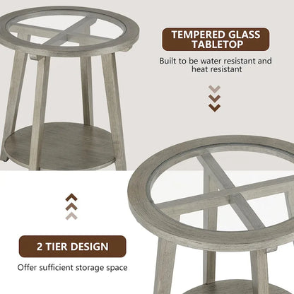 COSIEST Champagne Round Solid Wood Tempered Glass Coffee Table