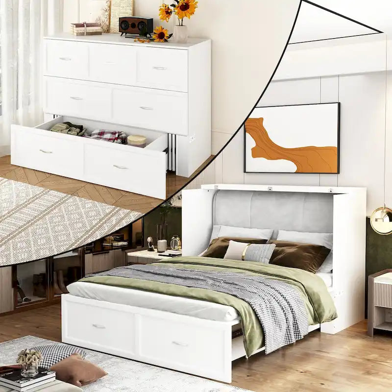 Full Size Murphy Bed Chest with Drawers For Home Office or Small Room