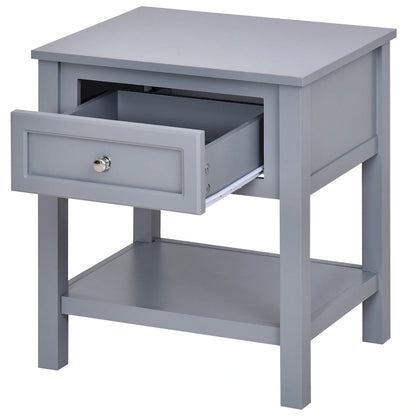 HOMCOM Accent End Table Nightstand with Grey Tabletop, Storage Drawer, and Bottom Shelf