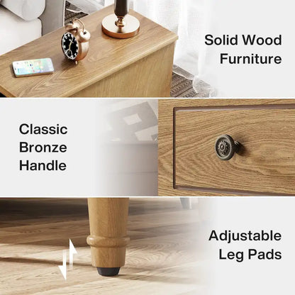 Fully Assembled Narrow End Table, Solid Wood Side Table with 3 Drawers, Vintage Nightstand Slim Bedside Table for Small Spaces