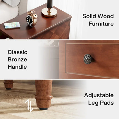 Fully Assembled Narrow End Table, Solid Wood Side Table with 3 Drawers, Vintage Nightstand Slim Bedside Table for Small Spaces